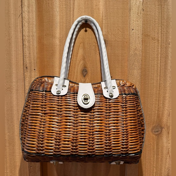 Patricia Nash Woven Wicker Satchel with White Leather Trim - Picture 1 of 7